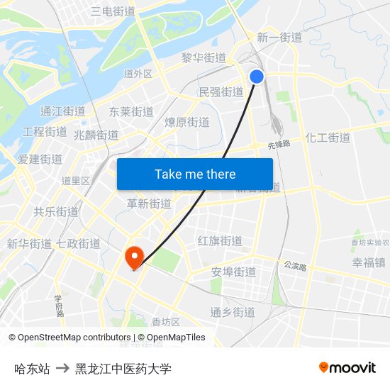 哈东站 to 黑龙江中医药大学 map