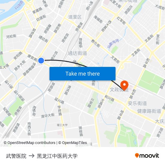 武警医院 to 黑龙江中医药大学 map
