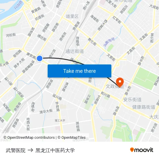 武警医院 to 黑龙江中医药大学 map