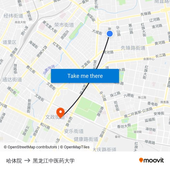 哈体院 to 黑龙江中医药大学 map