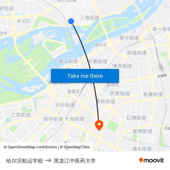 哈尔滨航运学校 to 黑龙江中医药大学 map