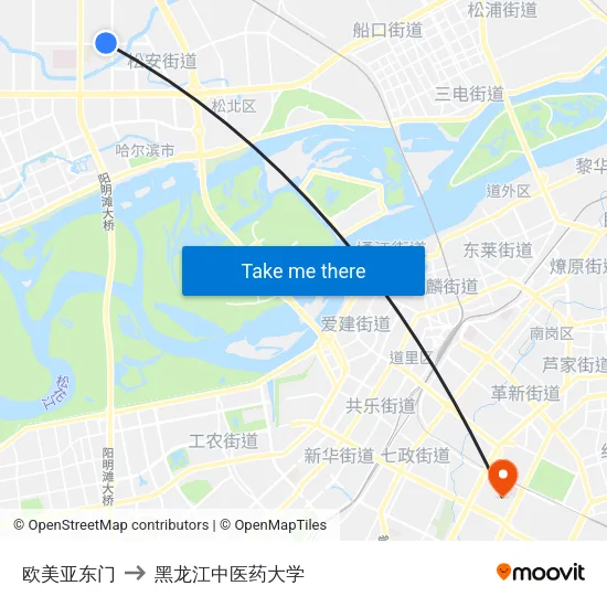 欧美亚东门 to 黑龙江中医药大学 map