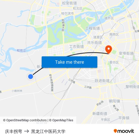庆丰拐弯 to 黑龙江中医药大学 map