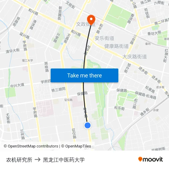农机研究所 to 黑龙江中医药大学 map