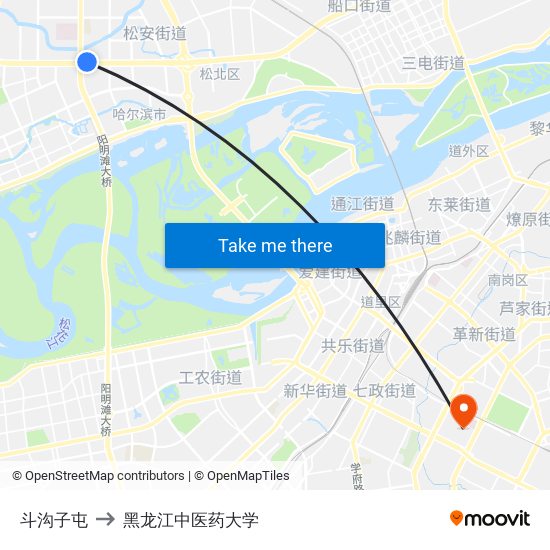 斗沟子屯 to 黑龙江中医药大学 map