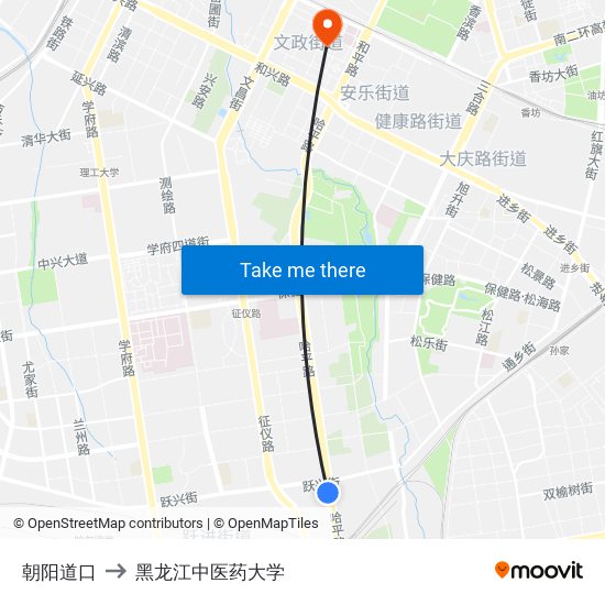 朝阳道口 to 黑龙江中医药大学 map