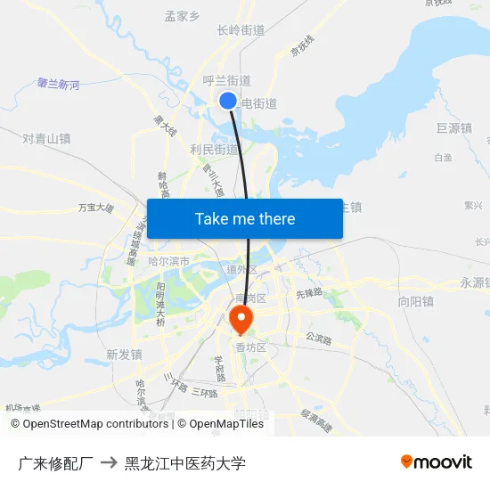 广来修配厂 to 黑龙江中医药大学 map