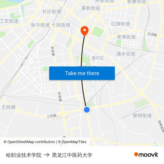 哈职业技术学院 to 黑龙江中医药大学 map