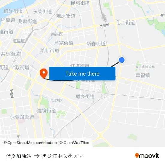 信义加油站 to 黑龙江中医药大学 map
