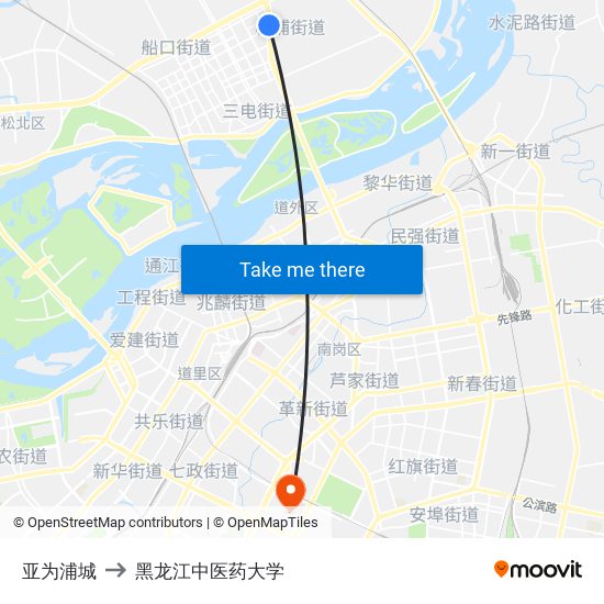 亚为浦城 to 黑龙江中医药大学 map