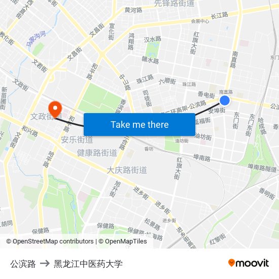 公滨路 to 黑龙江中医药大学 map