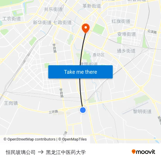 恒民玻璃公司 to 黑龙江中医药大学 map