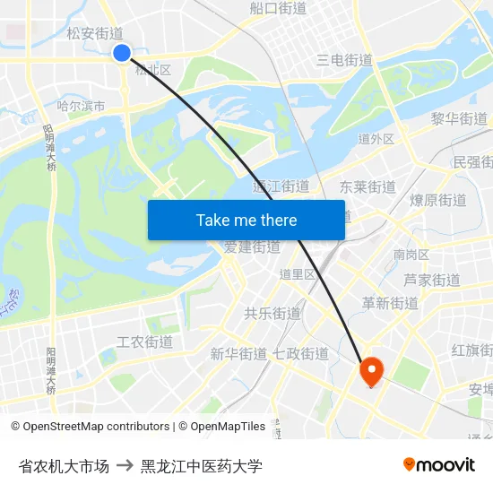 省农机大市场 to 黑龙江中医药大学 map