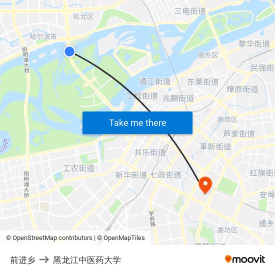 前进乡 to 黑龙江中医药大学 map