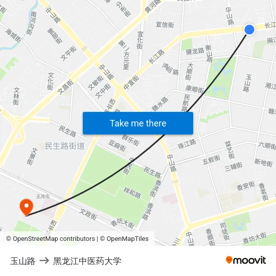 玉山路 to 黑龙江中医药大学 map