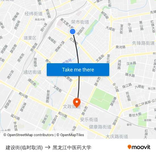 建设街(临时取消) to 黑龙江中医药大学 map