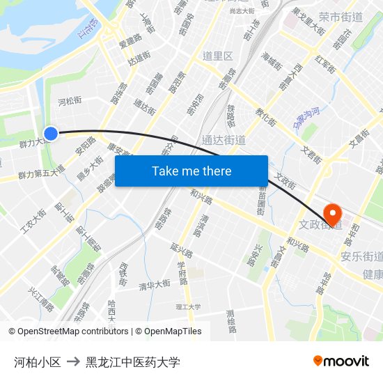 河柏小区 to 黑龙江中医药大学 map