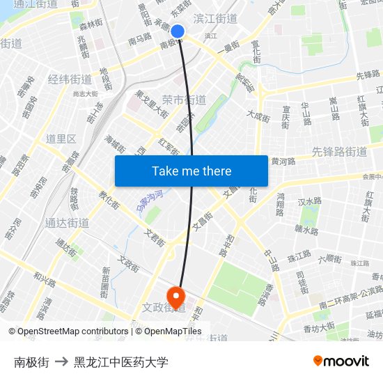 南极街 to 黑龙江中医药大学 map