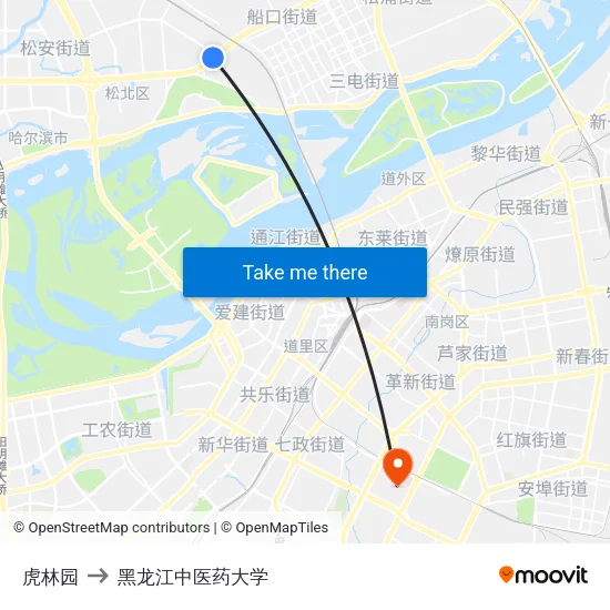 虎林园 to 黑龙江中医药大学 map