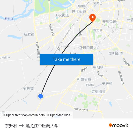 东升村 to 黑龙江中医药大学 map