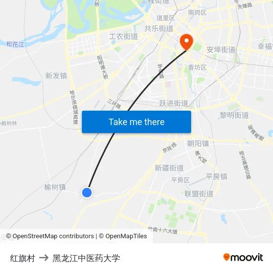 红旗村 to 黑龙江中医药大学 map