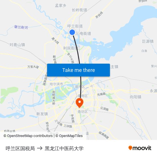 呼兰区国税局 to 黑龙江中医药大学 map