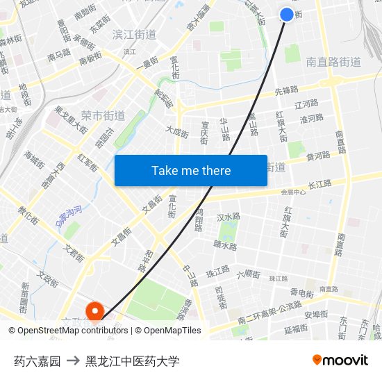 药六嘉园 to 黑龙江中医药大学 map