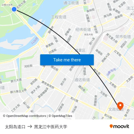 太阳岛道口 to 黑龙江中医药大学 map
