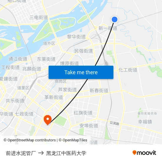 前进水泥管厂 to 黑龙江中医药大学 map
