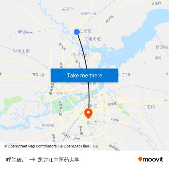 呼兰砖厂 to 黑龙江中医药大学 map
