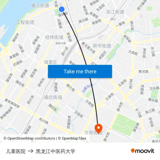 儿童医院 to 黑龙江中医药大学 map