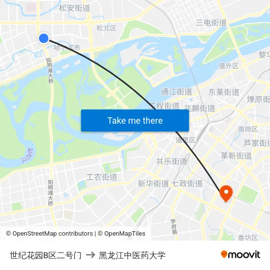 世纪花园B区二号门 to 黑龙江中医药大学 map