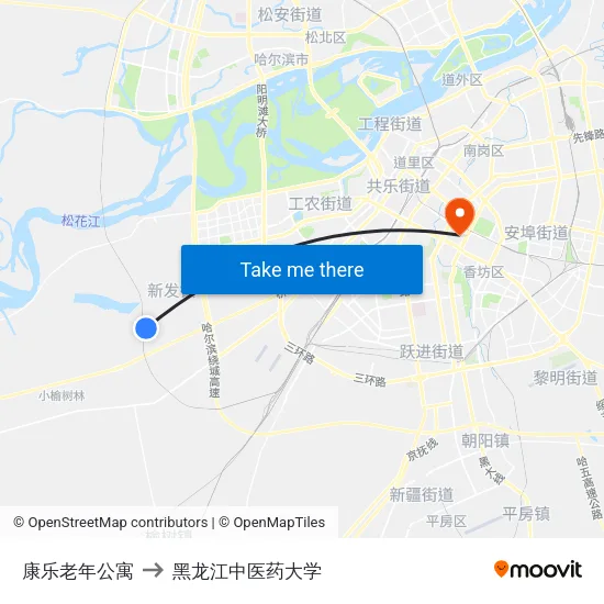 康乐老年公寓 to 黑龙江中医药大学 map