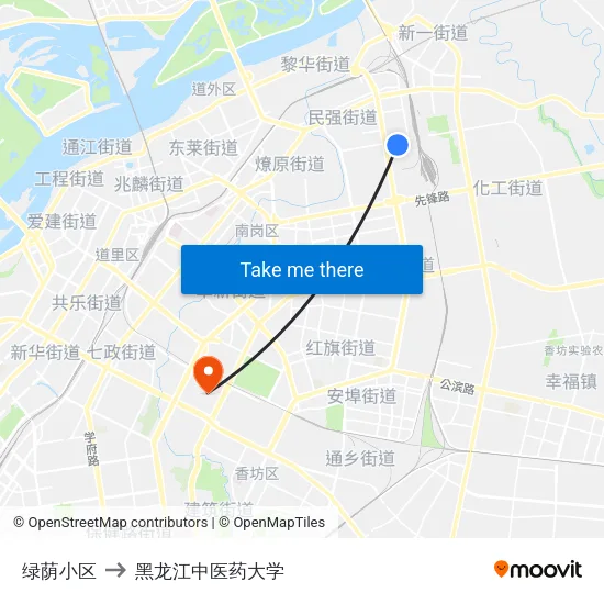 绿荫小区 to 黑龙江中医药大学 map