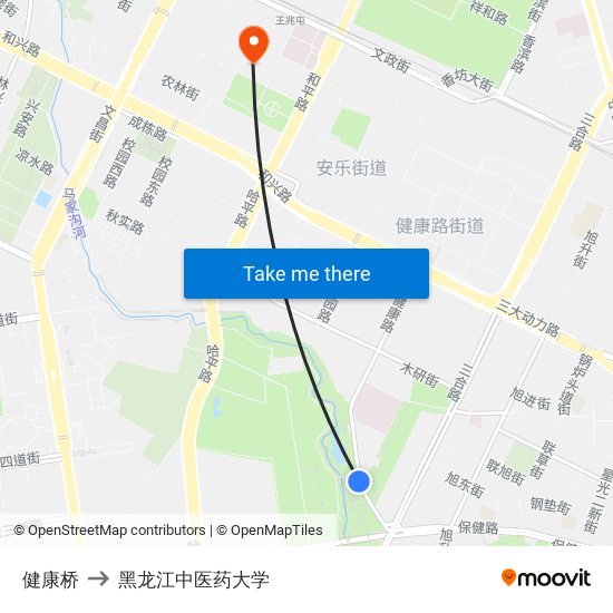 健康桥 to 黑龙江中医药大学 map