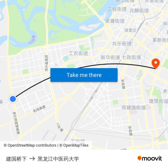建国桥下 to 黑龙江中医药大学 map