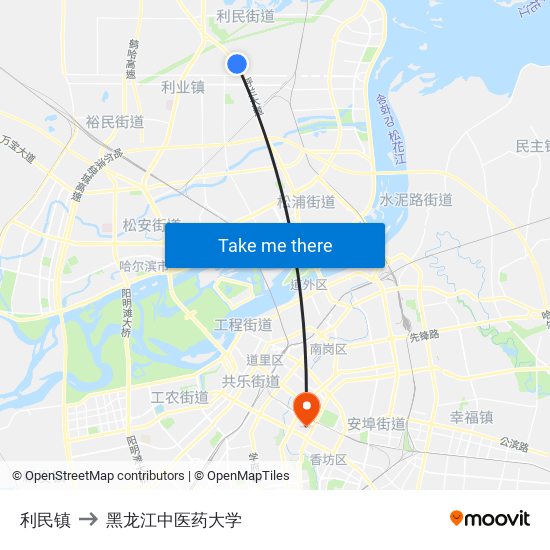 利民镇 to 黑龙江中医药大学 map
