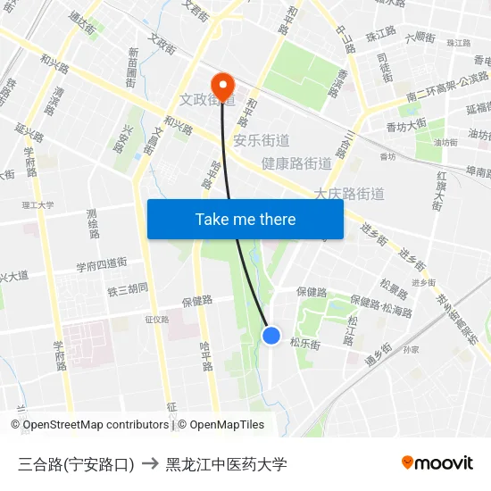 三合路(宁安路口) to 黑龙江中医药大学 map