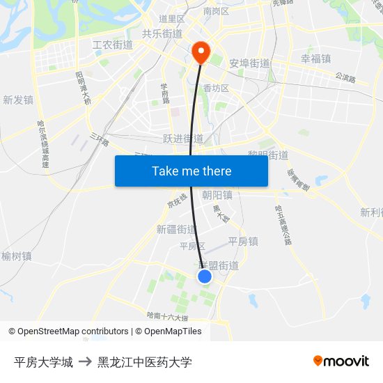 平房大学城 to 黑龙江中医药大学 map
