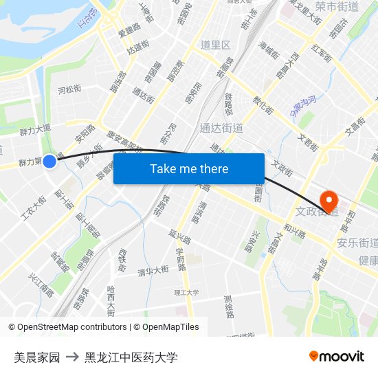 美晨家园 to 黑龙江中医药大学 map
