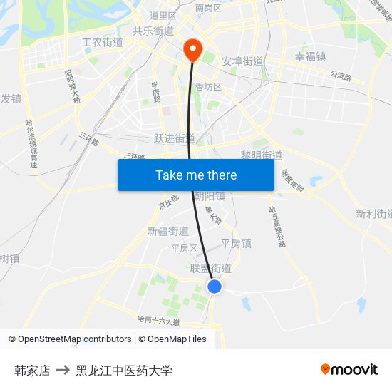 韩家店 to 黑龙江中医药大学 map