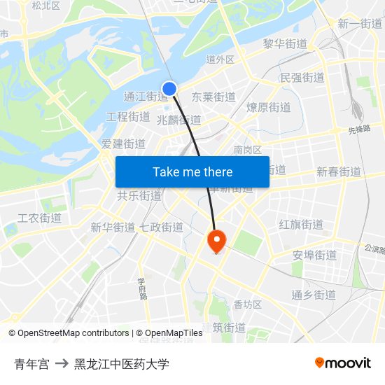 青年宫 to 黑龙江中医药大学 map