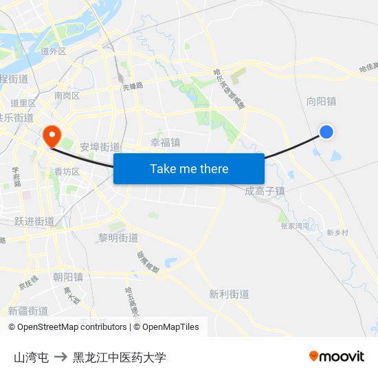 山湾屯 to 黑龙江中医药大学 map