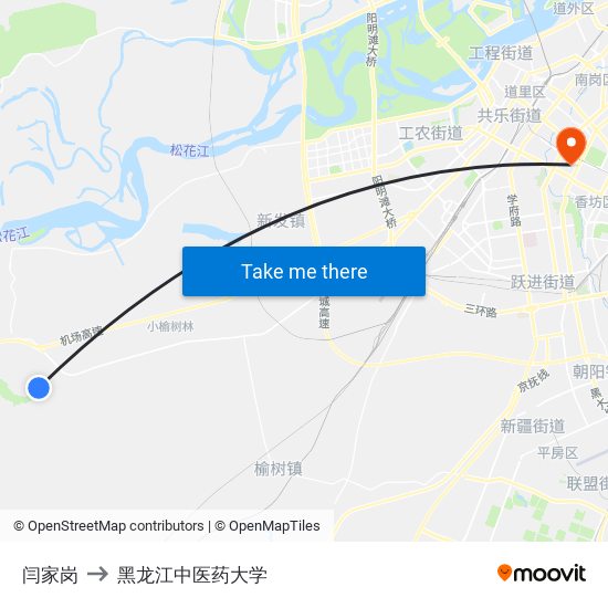 闫家岗 to 黑龙江中医药大学 map