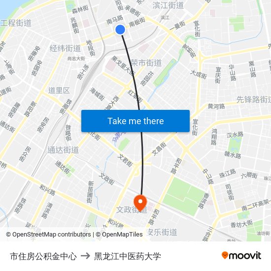 市住房公积金中心 to 黑龙江中医药大学 map