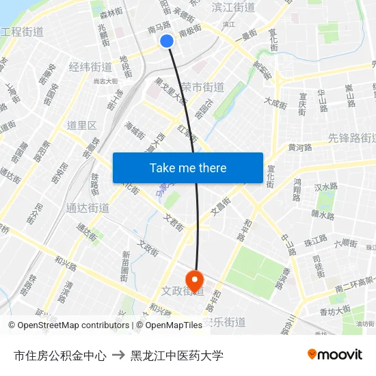市住房公积金中心 to 黑龙江中医药大学 map