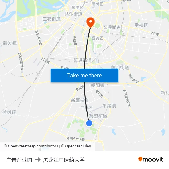 广告产业园 to 黑龙江中医药大学 map