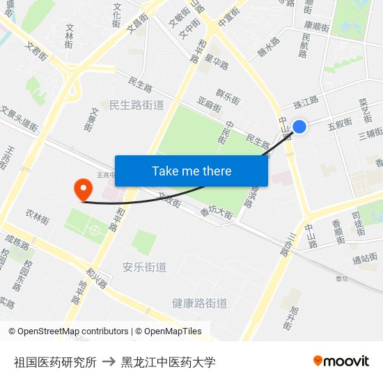 祖国医药研究所 to 黑龙江中医药大学 map
