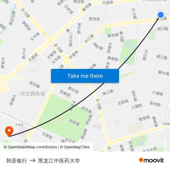 韩亚银行 to 黑龙江中医药大学 map