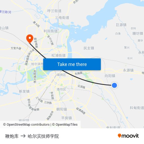 鞭炮库 to 哈尔滨技师学院 map